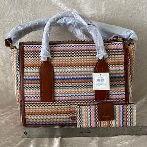 Fossil Brown and Multicolor Striped Tote and Wallet Set